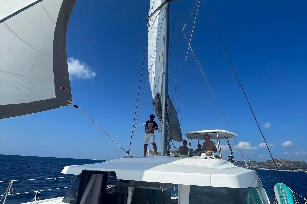 Deck of Seven, a Bali 4.4 catamaran at Figari, Italy