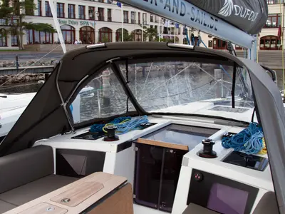Deck of Voulez-Vous, a Dufour 41 sailboat at Rostock, Germany