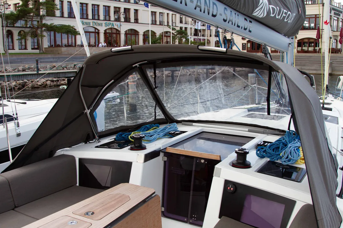 Deck of Voulez-Vous, a Dufour 41 sailboat at Rostock, Germany