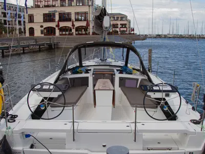 Cockpit of Voulez-Vous, a Dufour 41 sailboat at Rostock, Germany