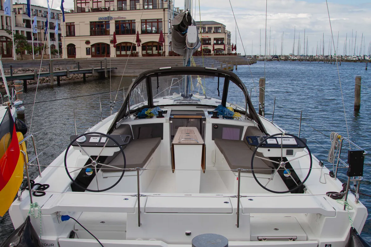 Cockpit of Voulez-Vous, a Dufour 41 sailboat at Rostock, Germany