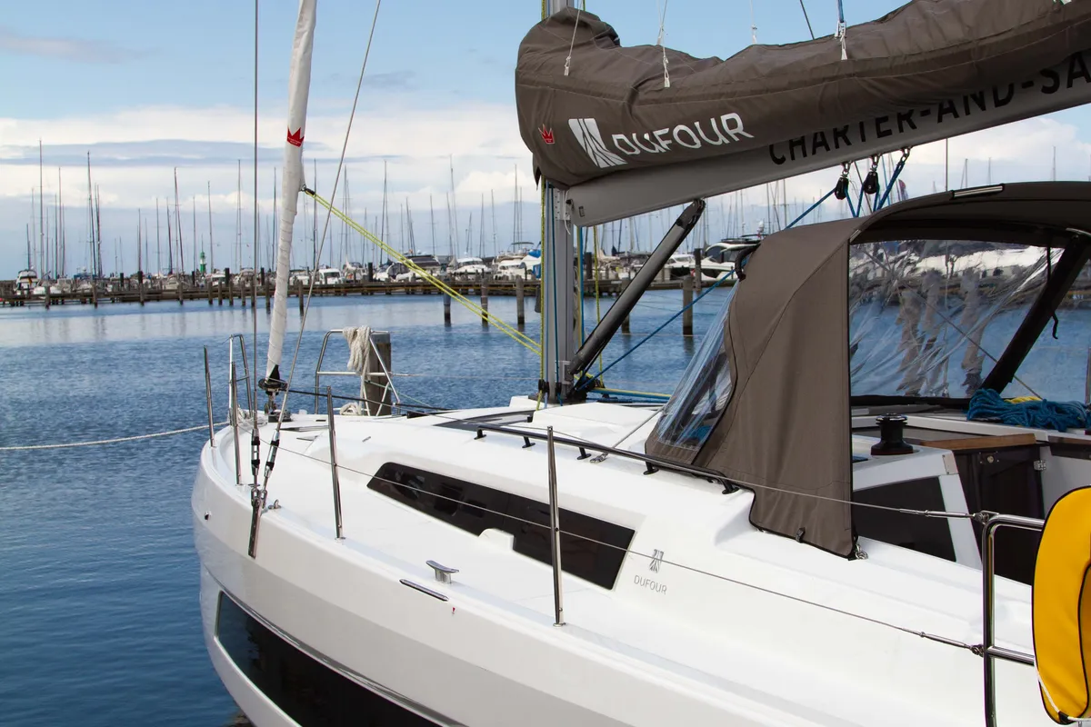 Exterior view of Voulez-Vous, a Dufour 41 sailboat at Rostock, Germany