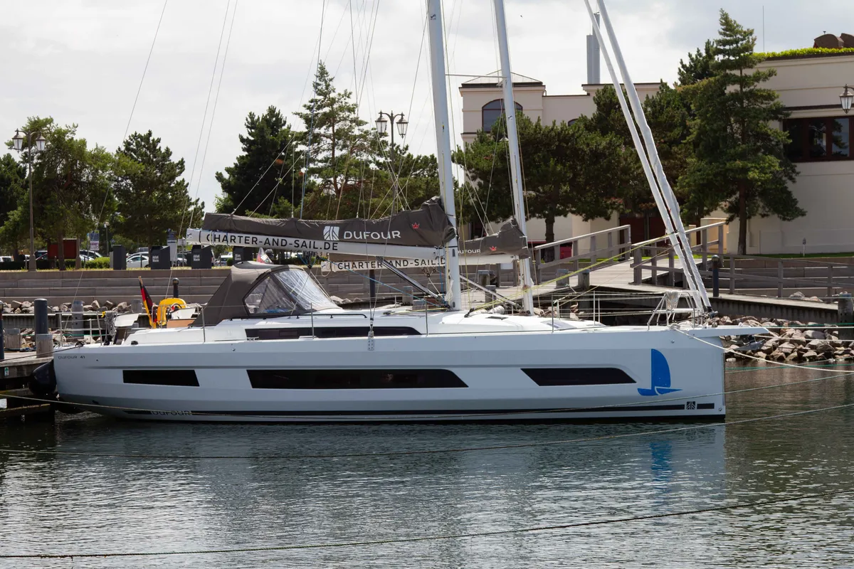 Exterior view of Voulez-Vous, a Dufour 41 sailboat at Rostock, Germany