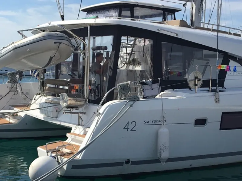 Exterior view of San Giorgio, a Lagoon 42 catamaran at Municipal Unit of Lefkada, Greece