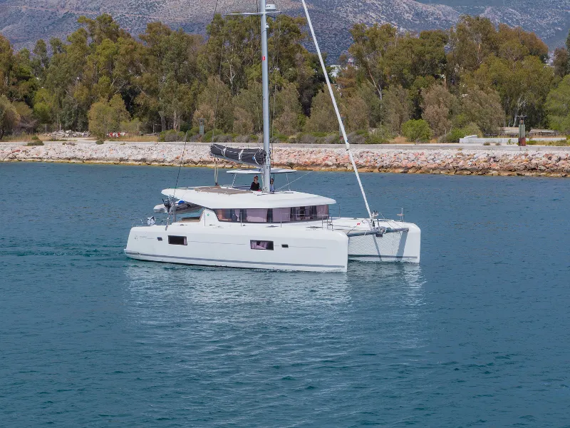 Exterior view of San Giorgio, a Lagoon 42 catamaran at Municipal Unit of Lefkada, Greece