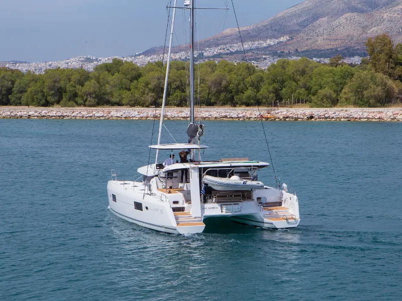 Exterior view of San Giorgio, a Lagoon 42 catamaran at Municipal Unit of Lefkada, Greece