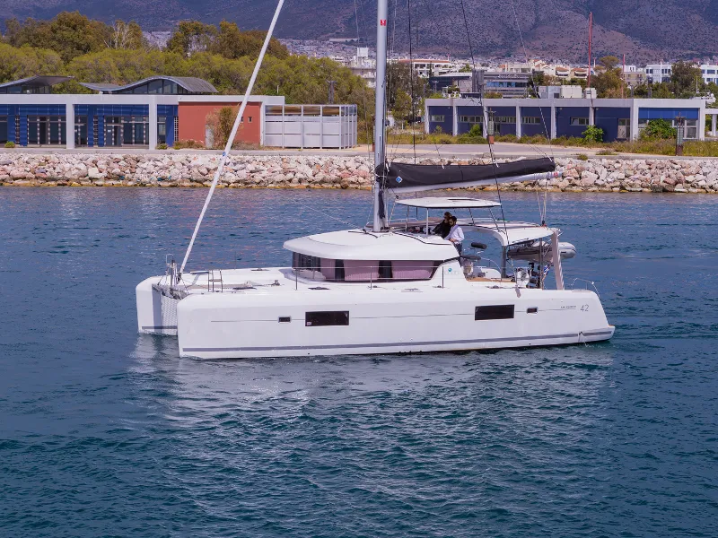 Exterior view of San Giorgio, a Lagoon 42 catamaran at Municipal Unit of Lefkada, Greece