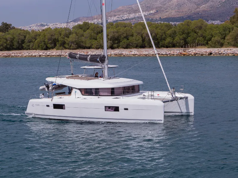 Exterior view of San Giorgio, a Lagoon 42 catamaran at Municipal Unit of Lefkada, Greece