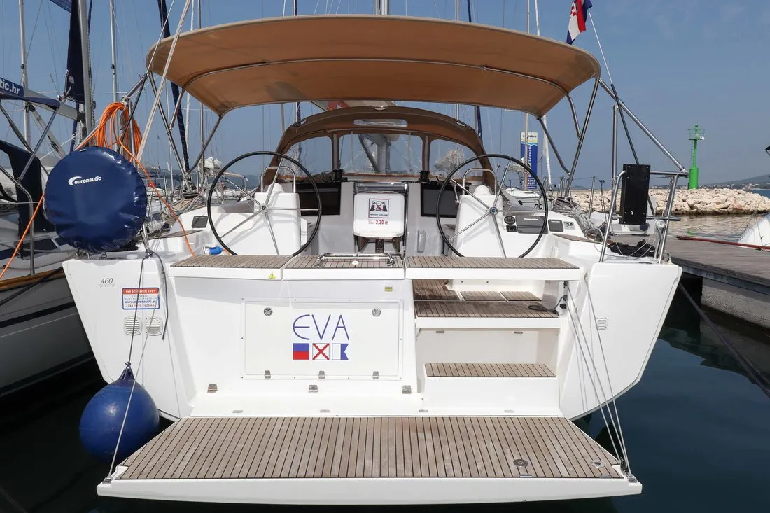 Exterior view of Eva, a Dufour 460 GL sailboat at Grad Biograd na Moru, Croatia