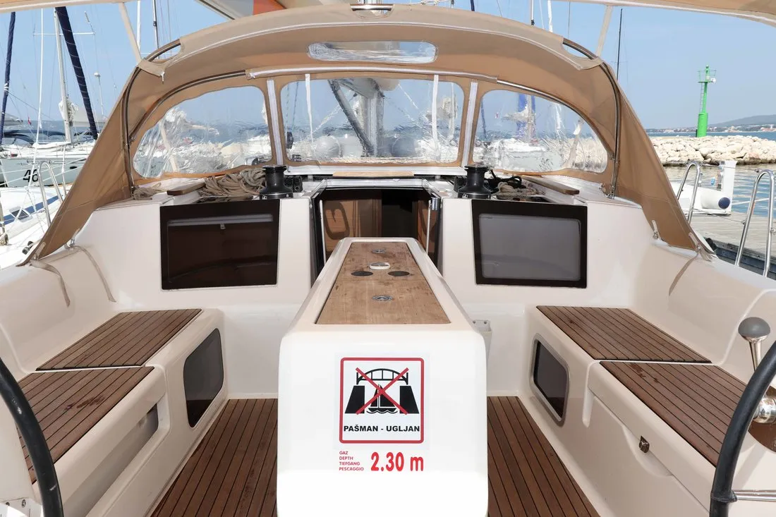 Deck of Eva, a Dufour 460 GL sailboat at Grad Biograd na Moru, Croatia