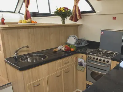 Galley of Mystique, a Cygnet Mystique motorboat at Saint-Gilles, France