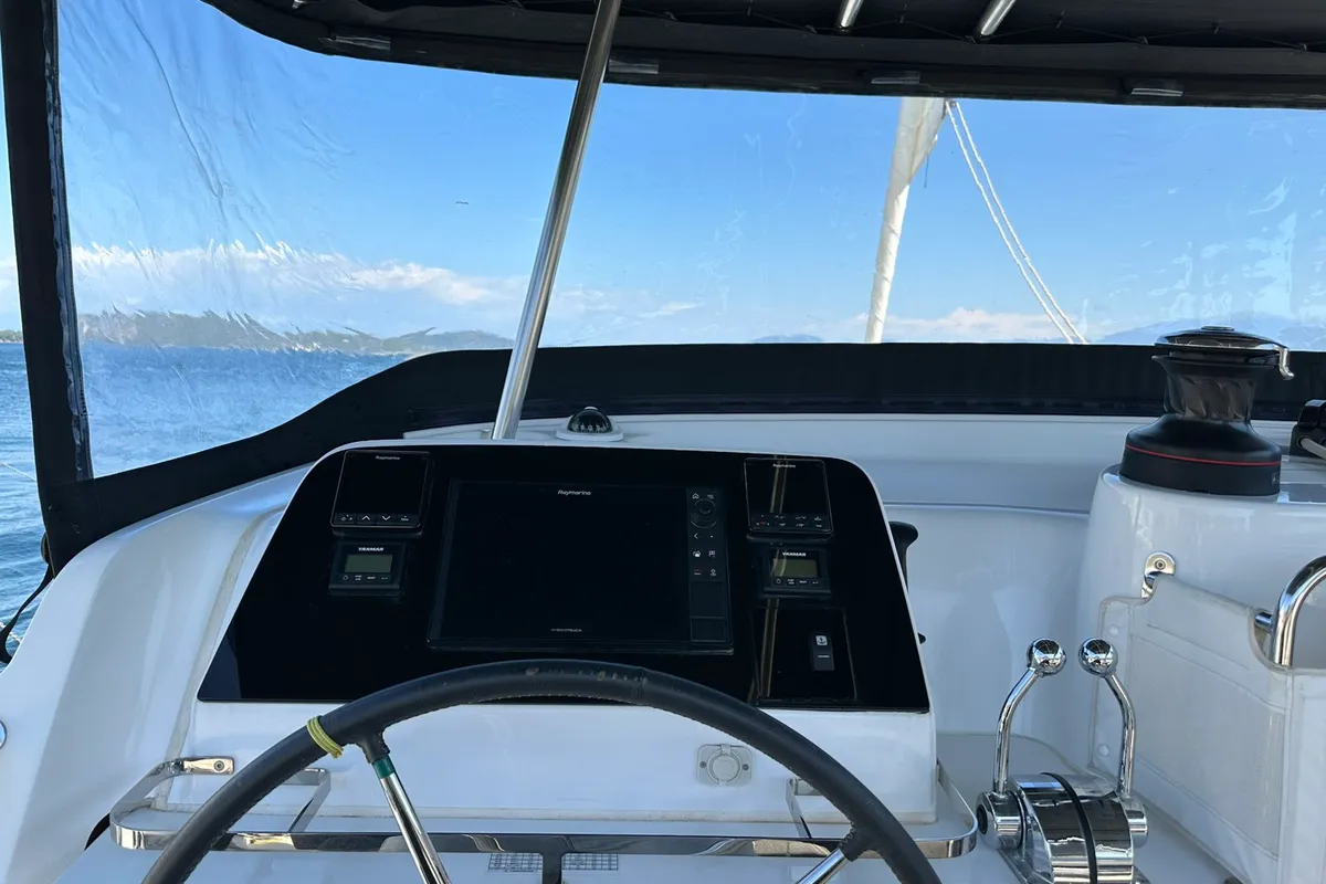 Cockpit of Magellan, a Lagoon 42 catamaran at Municipal Unit of Lefkada, Greece