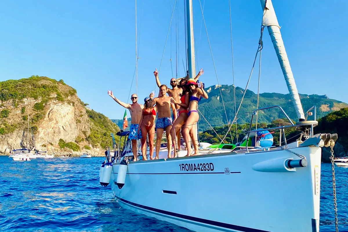 Exterior view of Dorean, a Dufour 450 Grand Large sailboat at Nettuno, Italy