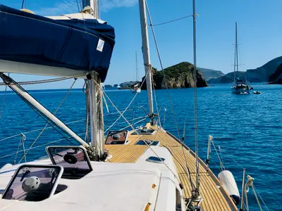 Deck of Dorean, a Dufour 450 Grand Large sailboat at Nettuno, Italy
