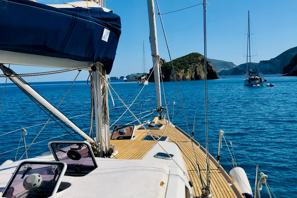 Deck of Dorean, a Dufour 450 Grand Large sailboat at Nettuno, Italy