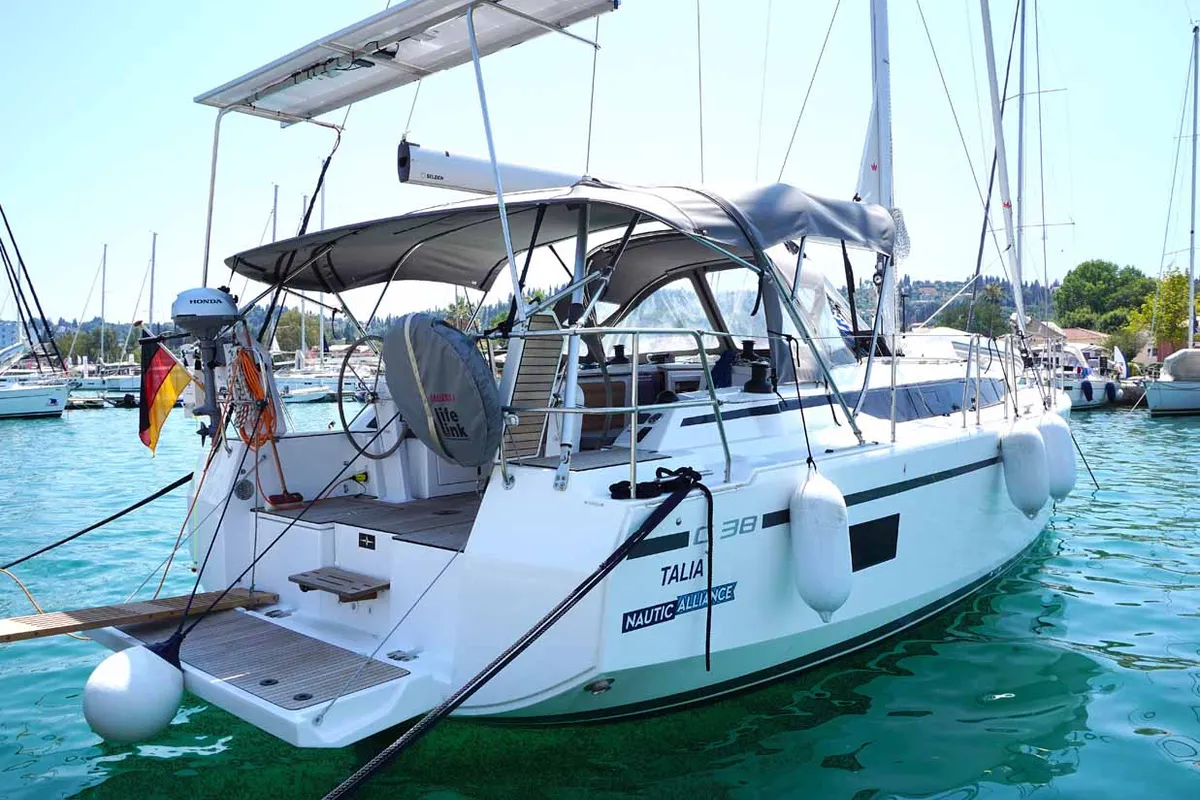 Exterior view of Talia, a Bavaria C38 sailboat at Kontokali, Greece