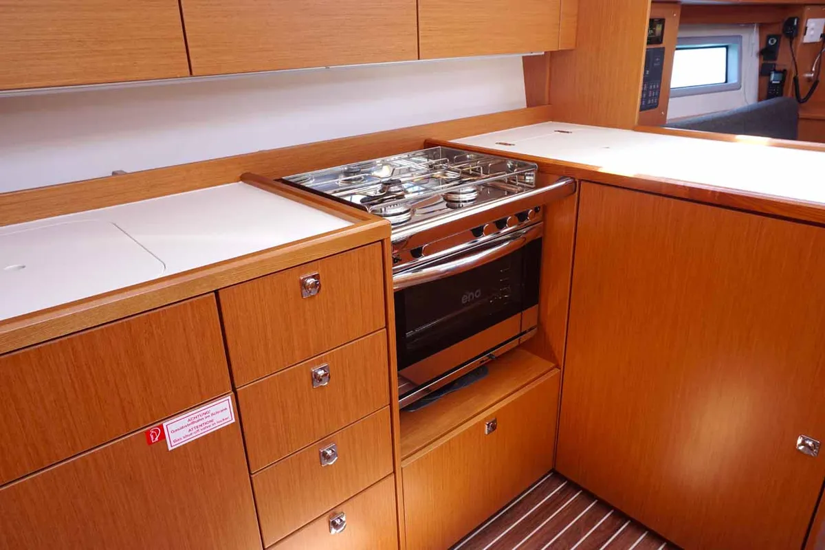 Galley of Talia, a Bavaria C38 sailboat at Kontokali, Greece