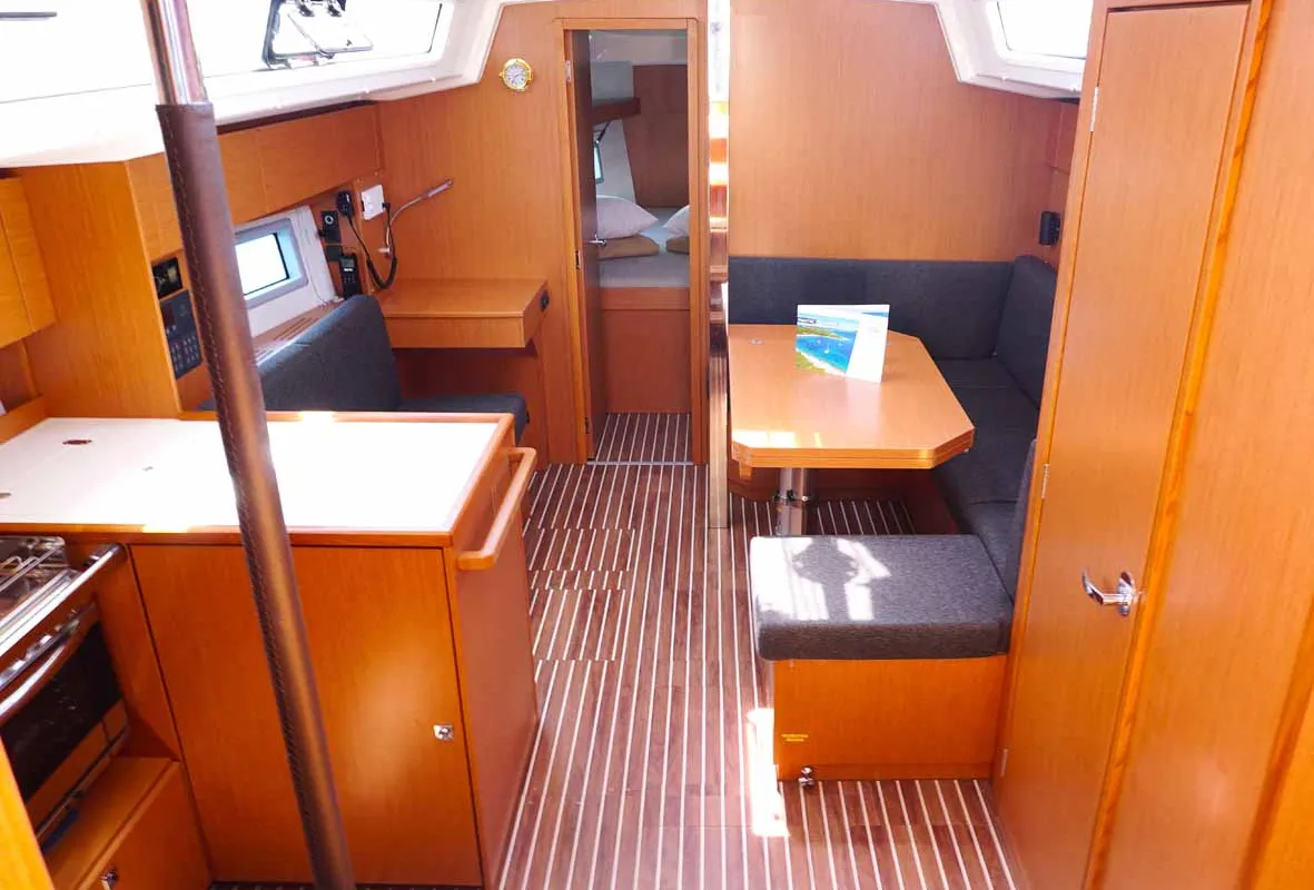 Salon of Talia, a Bavaria C38 sailboat at Kontokali, Greece