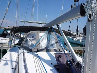 Cockpit of Talia, a Bavaria C38 sailboat at Kontokali, Greece