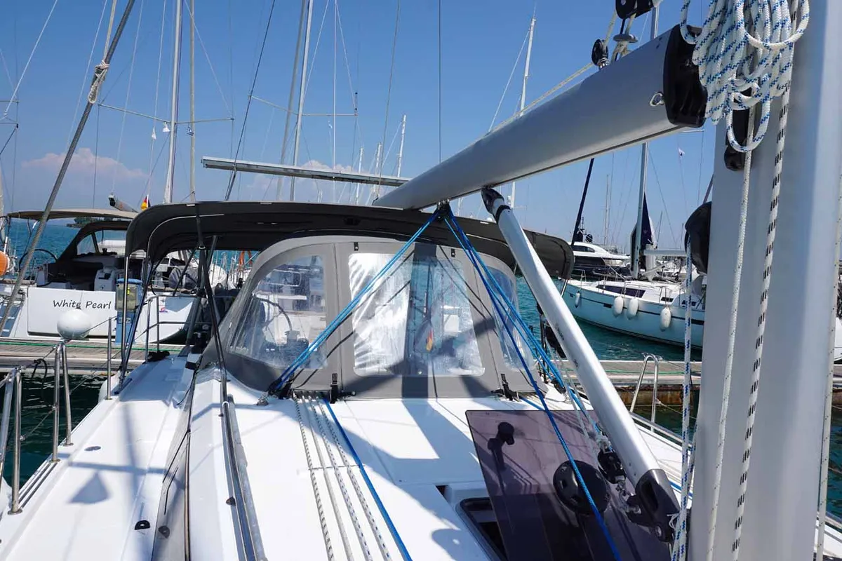 Cockpit of Talia, a Bavaria C38 sailboat at Kontokali, Greece