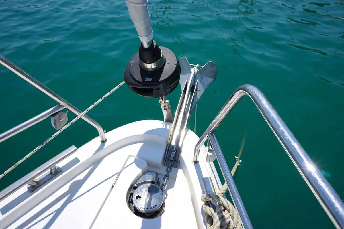 Deck of Talia, a Bavaria C38 sailboat at Kontokali, Greece