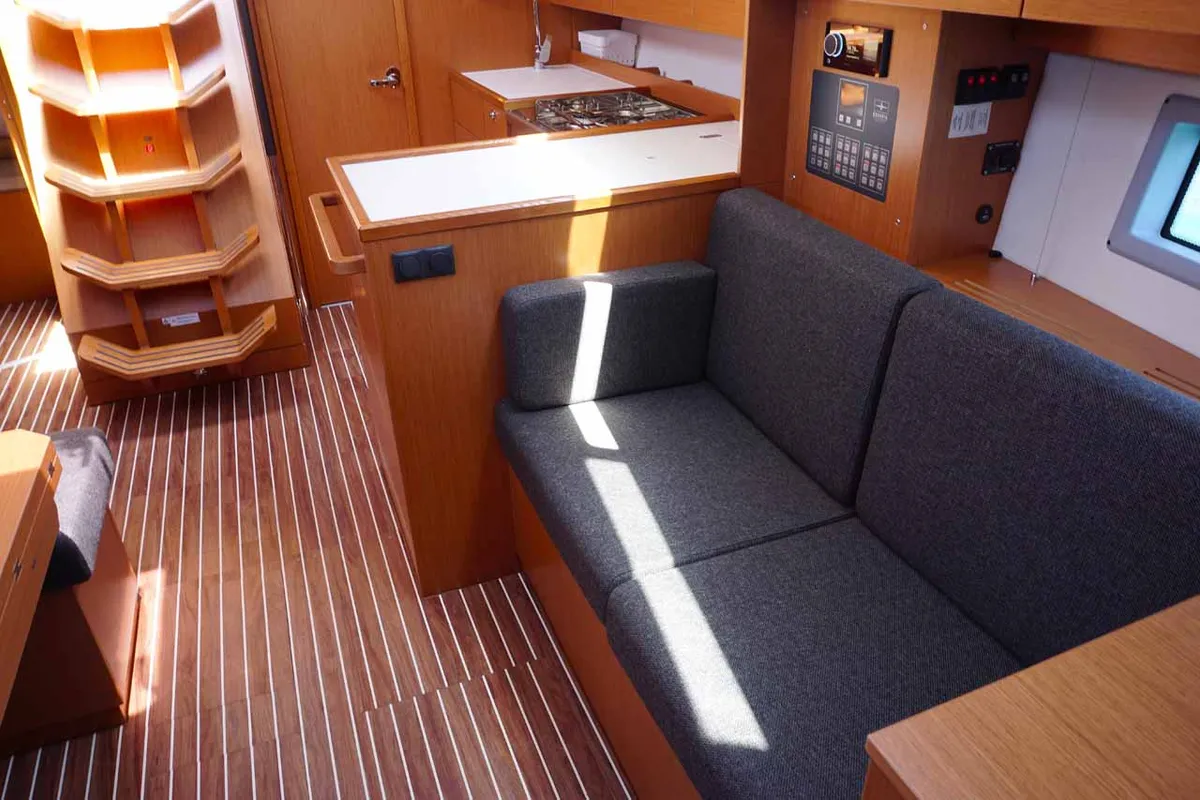 Salon of Talia, a Bavaria C38 sailboat at Kontokali, Greece
