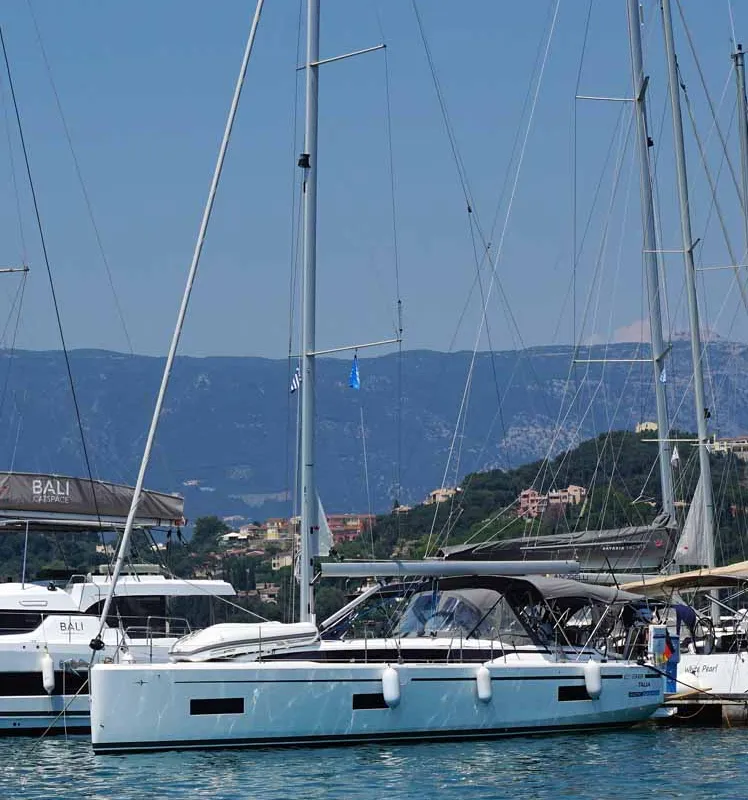 Exterior view of Talia, a Bavaria C38 sailboat at Kontokali, Greece