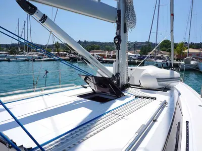 Deck of Talia, a Bavaria C38 sailboat at Kontokali, Greece