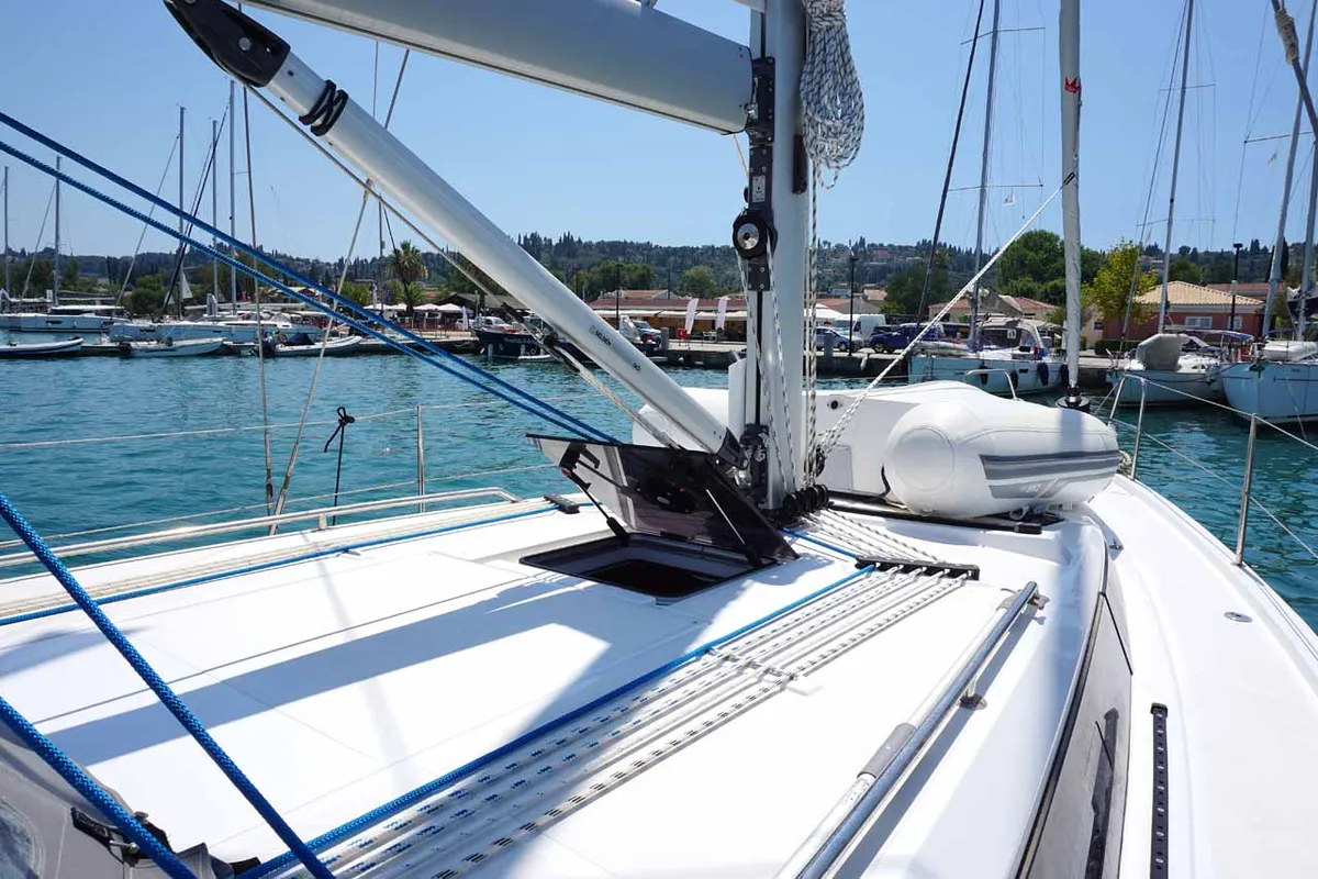 Deck of Talia, a Bavaria C38 sailboat at Kontokali, Greece