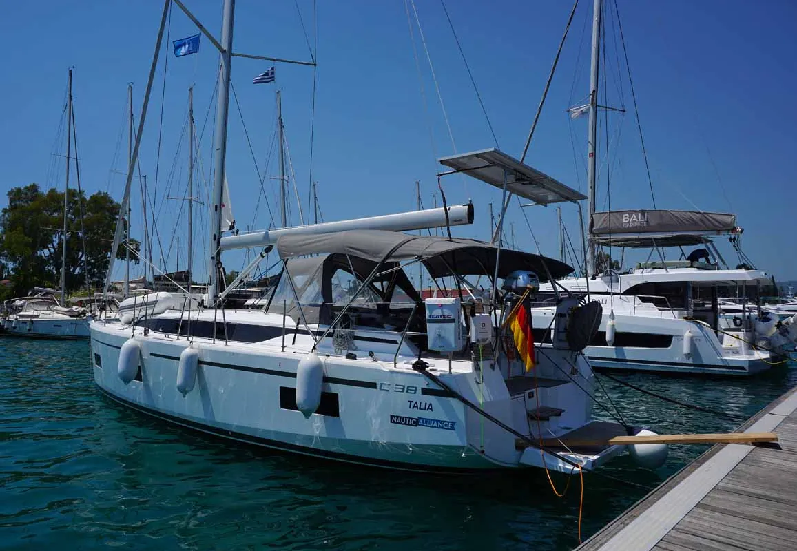 Exterior view of Talia, a Bavaria C38 sailboat at Kontokali, Greece
