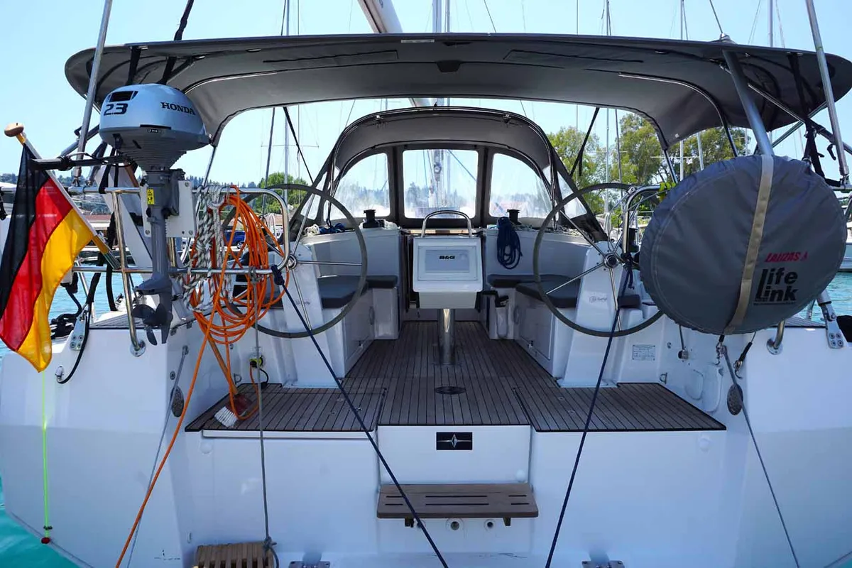Cockpit of Talia, a Bavaria C38 sailboat at Kontokali, Greece