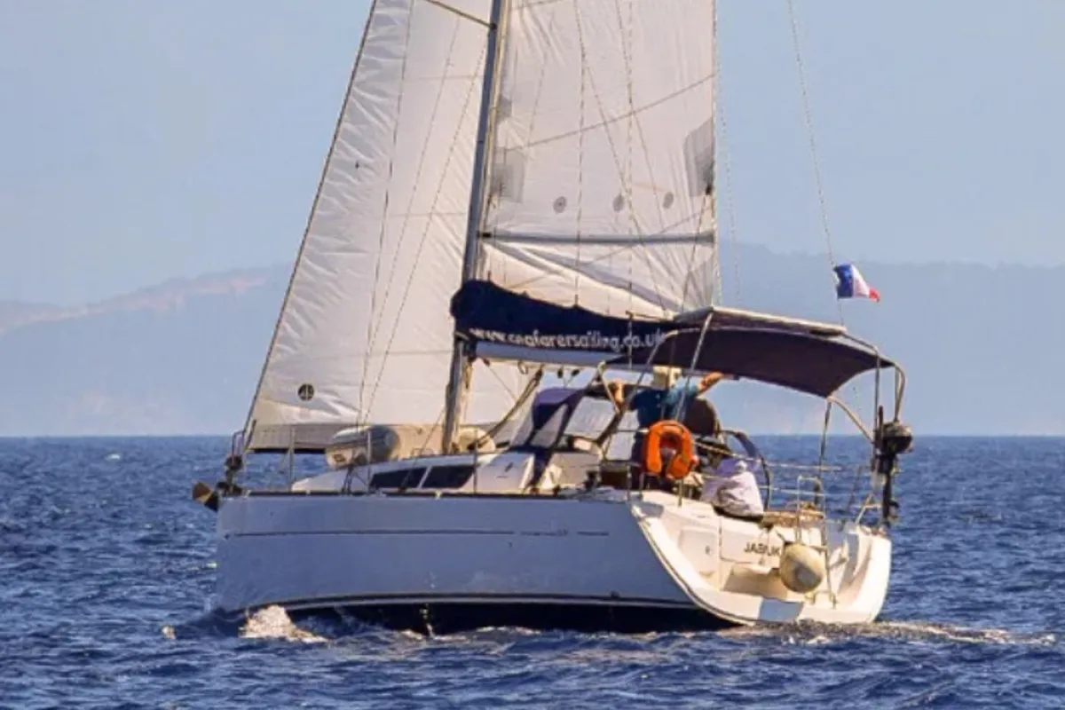 Exterior view of Nevena, a Jeanneau Sun Odyssey 33i sailboat at Pylaros Municipal Unit, Greece