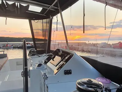 Cockpit of Alkyone, a Lagoon 450 Fly catamaran at Volos, Greece