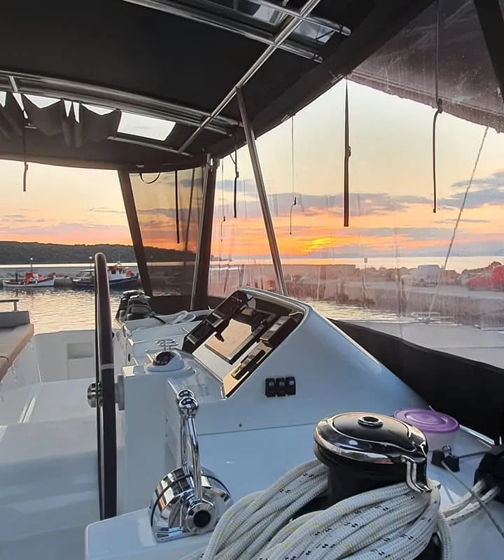 Cockpit of Alkyone, a Lagoon 450 Fly catamaran at Volos, Greece
