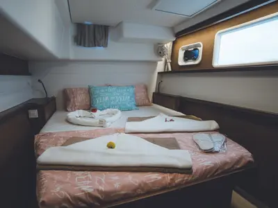 Cabin on Alkyone, a Lagoon 450 Fly catamaran at Volos, Greece