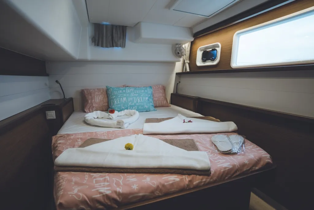 Cabin on Alkyone, a Lagoon 450 Fly catamaran at Volos, Greece