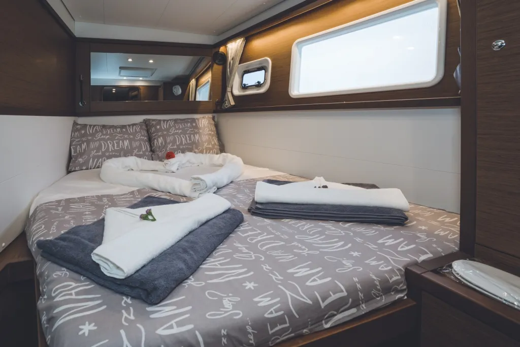 Cabin on Alkyone, a Lagoon 450 Fly catamaran at Volos, Greece