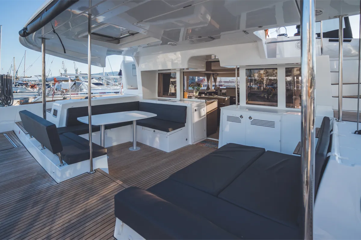 Deck of Alkyone, a Lagoon 450 Fly catamaran at Volos, Greece
