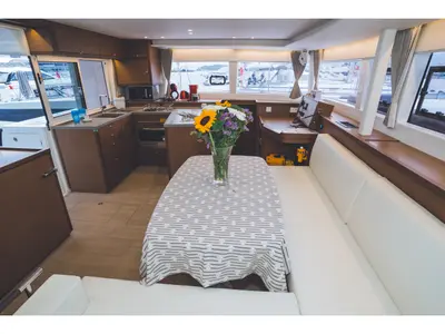 Salon of Alkyone, a Lagoon 450 Fly catamaran at Volos, Greece
