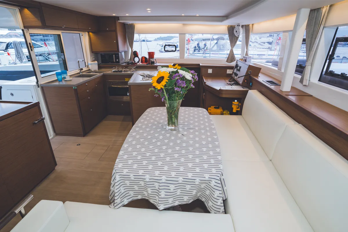 Salon of Alkyone, a Lagoon 450 Fly catamaran at Volos, Greece
