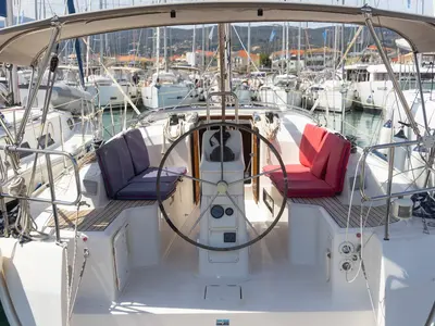 Cockpit of Maistros, a Bavaria Cruiser 33 sailboat at Municipal Unit of Lefkada, Greece