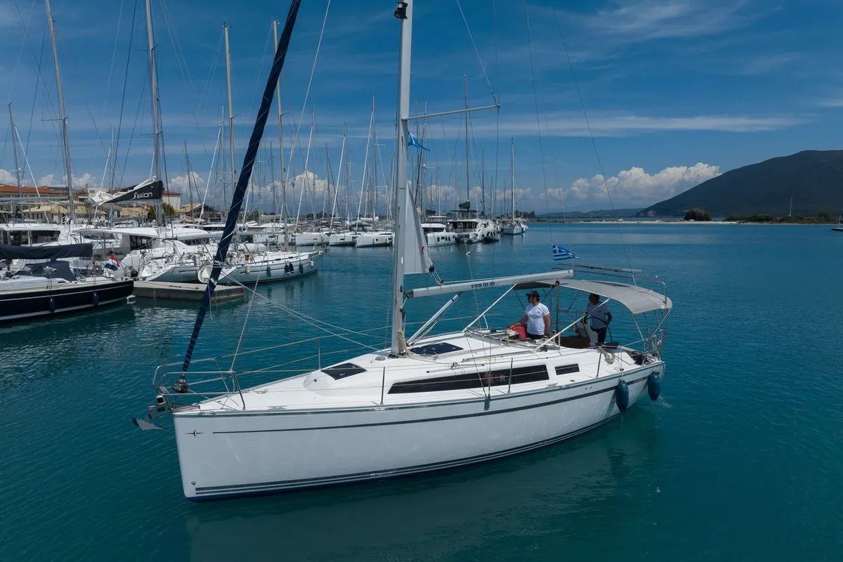 Exterior view of Maistros, a Bavaria Cruiser 33 sailboat at Municipal Unit of Lefkada, Greece