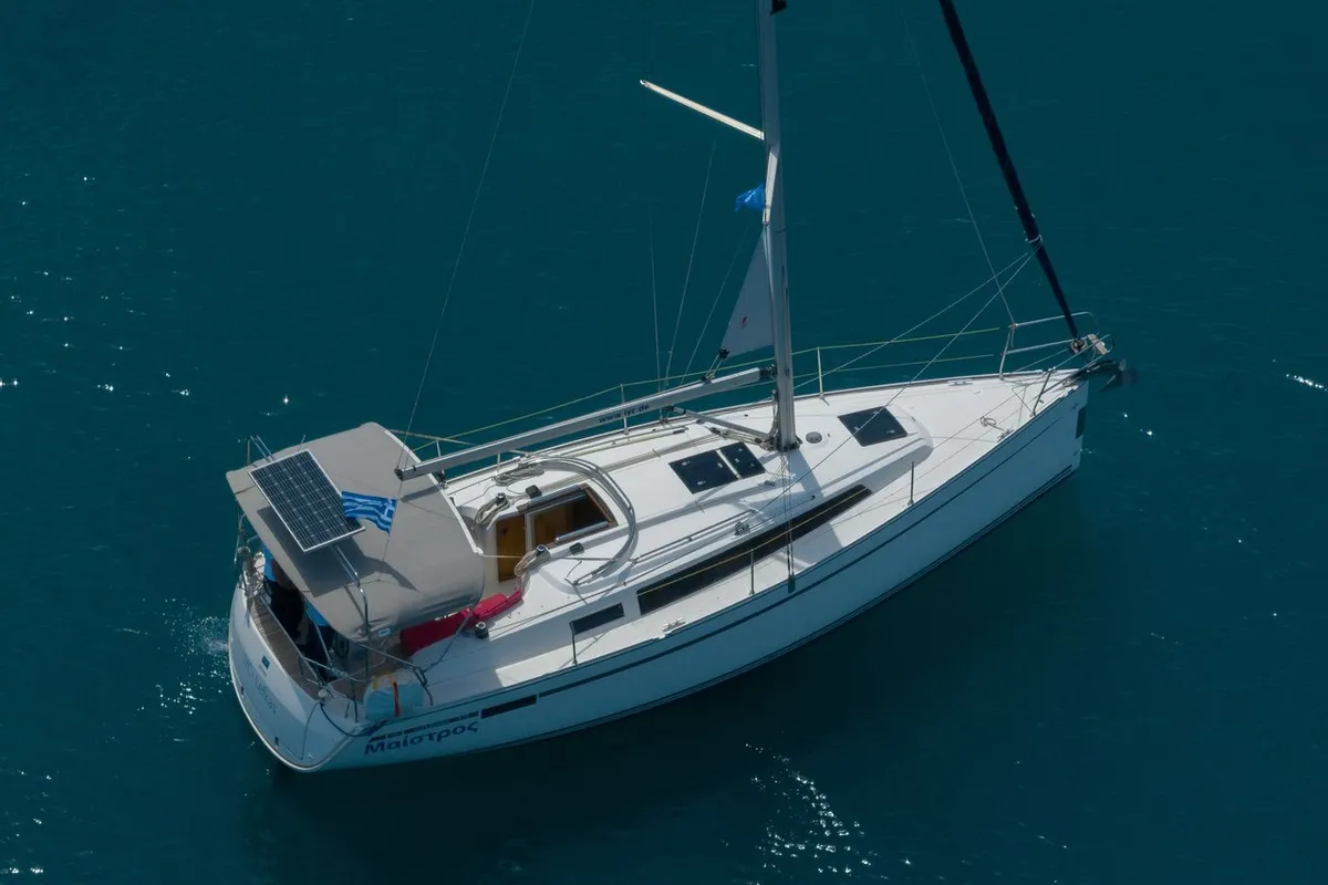 Exterior view of Maistros, a Bavaria Cruiser 33 sailboat at Municipal Unit of Lefkada, Greece