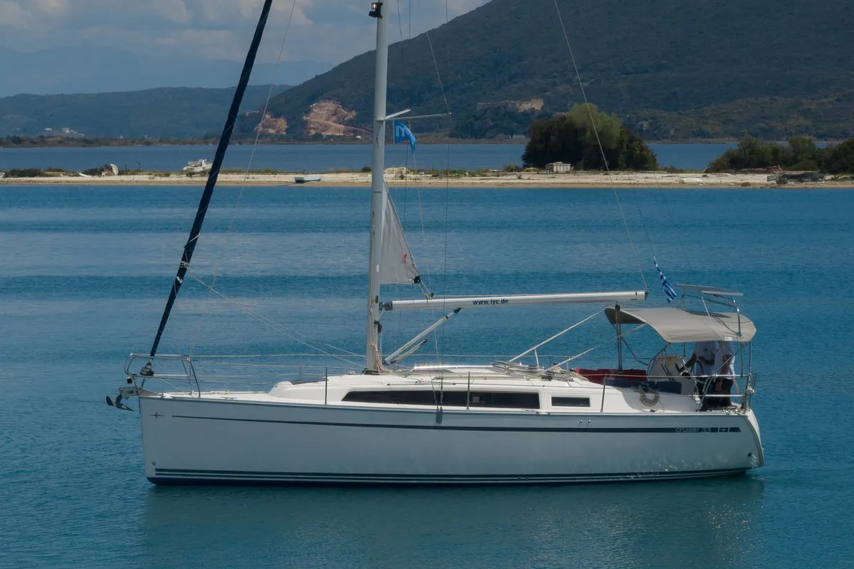 Exterior view of Maistros, a Bavaria Cruiser 33 sailboat at Municipal Unit of Lefkada, Greece