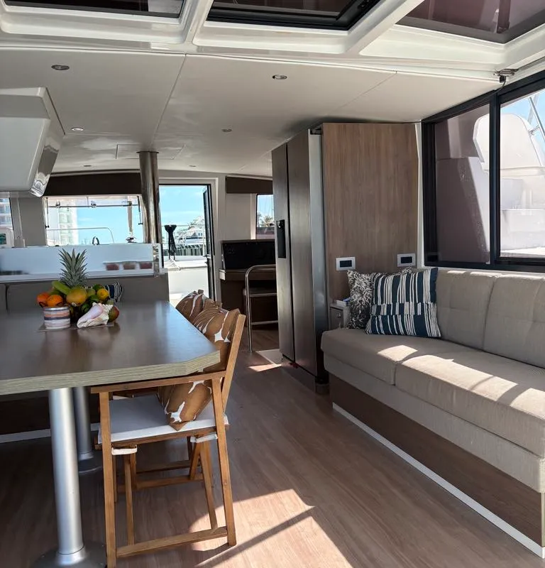 Salon of Jackalope, a Bali 4.4 catamaran at Nassau, Bahamas