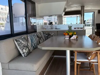 Salon of Jackalope, a Bali 4.4 catamaran at Nassau, Bahamas