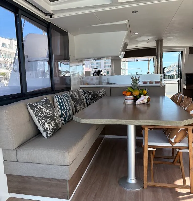 Salon of Jackalope, a Bali 4.4 catamaran at Nassau, Bahamas