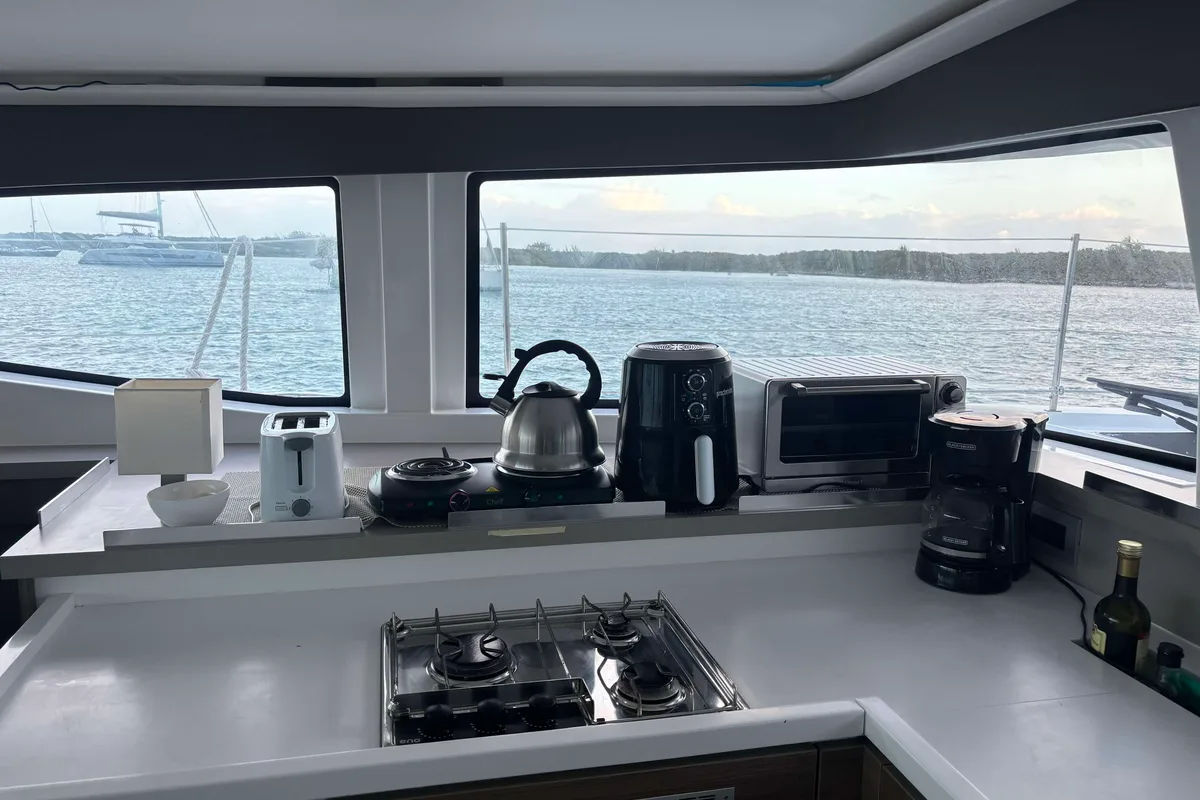 Galley of Jackalope, a Bali 4.4 catamaran at Nassau, Bahamas