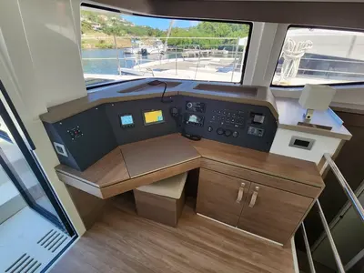 Cockpit of Jackalope, a Bali 4.4 catamaran at Nassau, Bahamas