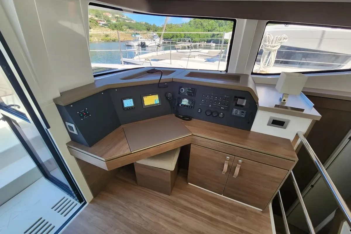 Cockpit of Jackalope, a Bali 4.4 catamaran at Nassau, Bahamas